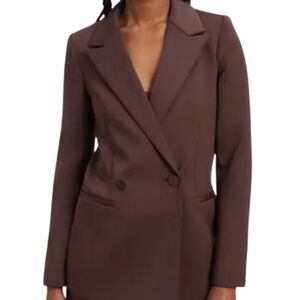 NEW! GOOD AMERICAN Brown Long Double Breasted Scuba Fabric Blazer 5 = 2XL.